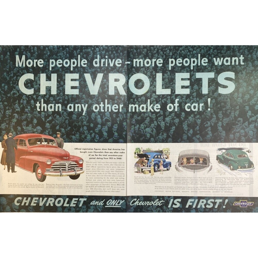 Chevrolet "First-Only First in Sales last 17 Years" 2-page Vintage Print Ad 1948